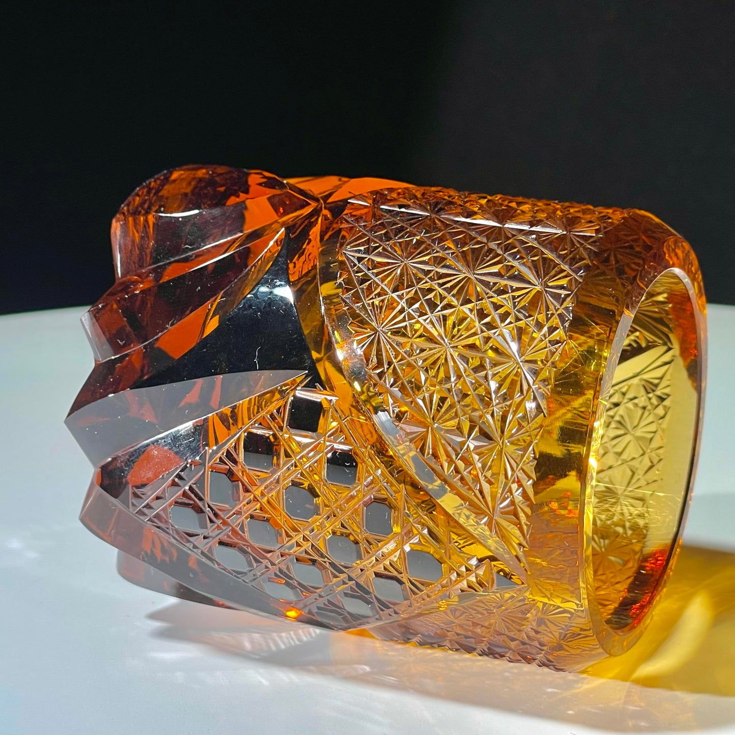 KazeoKoi Kazeako Crystal Whiskey Glasses, Amber Japanese Edo Kiriko Hand Cut Crystal, Vintage Textured Design, Bourbon Cocktail Tumbler, 2 Pack with Gift Box and Coasters (amber)