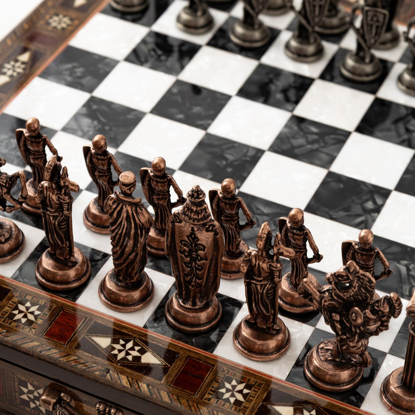 15’’ Handmade Wooden Chess Set with British Army Metal Pieces – Luxury Storage Board – Gift for Adults, Fathers & Collectors, Gift for Him (Black)