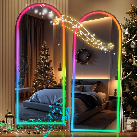 Hasipu Arch Full Length Mirror 75 x 28 in with Stand — Arch LED RGB Full Body Mirror, 7 Lighting Modes, Dimmable, Built‑in Bluetooth Speaker, White Frame for Bedroom Dressing Room