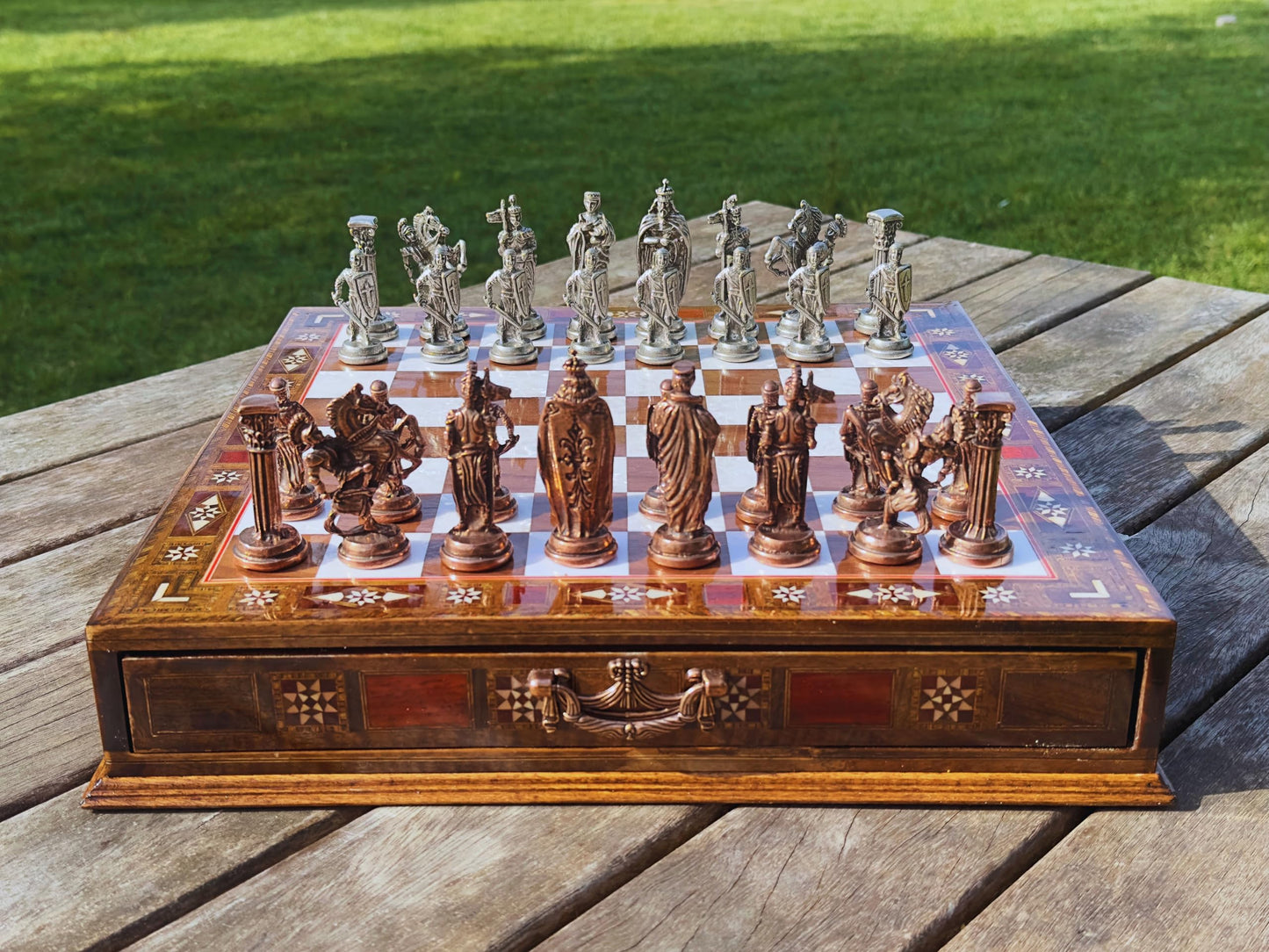 15’’ Handmade Walnut Wooden Chess Set – British Style Metal Chess Pieces – Luxury Storage Chess Board for Adults & Gift for Dad (Walnut)