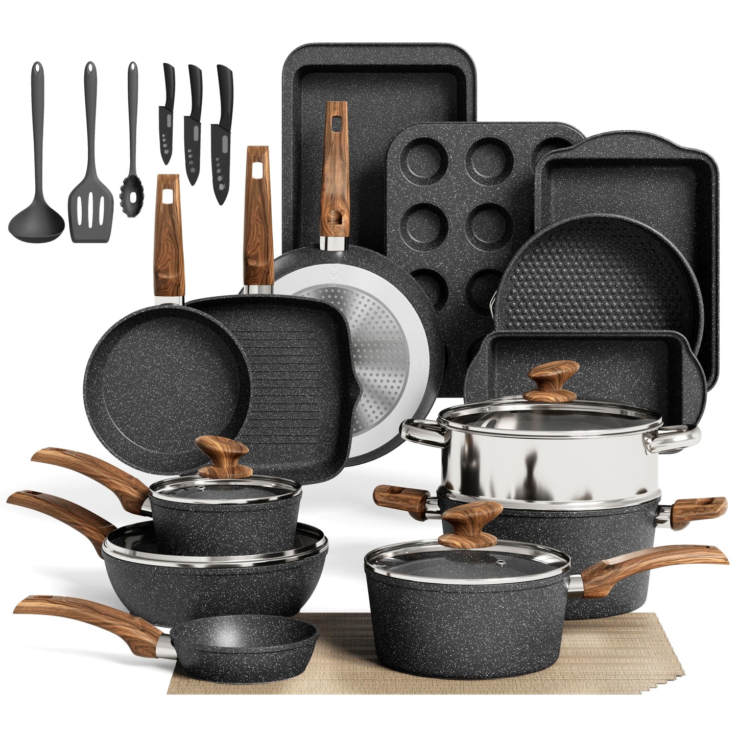 MAISON ARTS 30 Piece Pots and Pans Set Non Stick, Kitchen Cookware & Bakeware Sets with Nonstick Granite Coating, Baking Tray, Frying Pan and Saucepan, Black