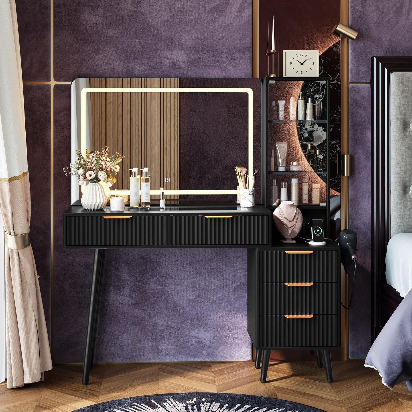 GarveeHome Fluted Makeup Vanity Desk with Lights, 48" Big Vanity with Glass Top and Large 36" HD Lighted Mirror, Modern Dressing Table with 5 Drawers 3-Tier Shelves Set w/Charging Station