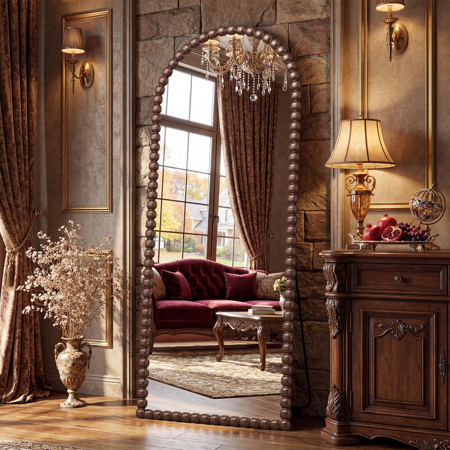 Antok 71" x 28" Arched Full Length Mirror, Antique Beaded Frame Floor Standing or Wall Mounted Mirror with Stand for Bedroom, Entryway, Brown, Luxury Style