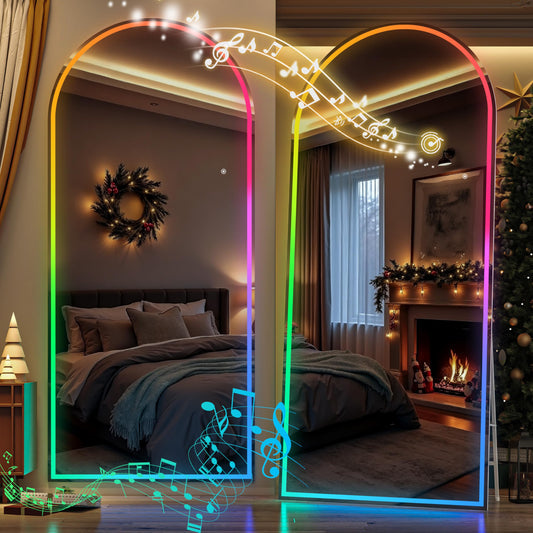 Hasipu Arch Full Length Mirror 95 x 40 in with Stand — Arch LED RGB Full Body Mirror, 7 Lighting Modes, Dimmable, Built‑in Bluetooth Speaker, White Frame for Bedroom Dressing Room