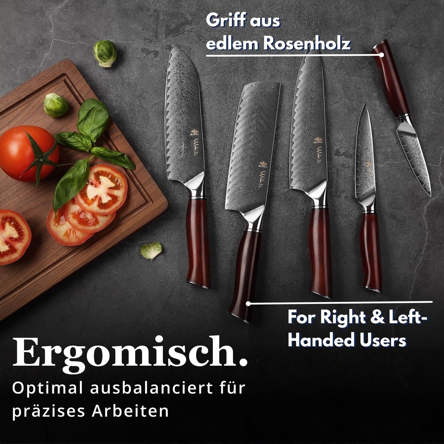 Wakoli Rose Elegance Knife Block Set – 5-Piece Professional Damascus Kitchen Knife Set with Magnetic Block – 67-Layer Damascus Steel with VG10 Core, Ergonomic Rosewood Handles in Gift Box