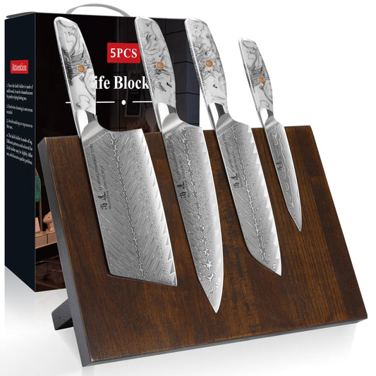 SHANGDAO Damascus Kitchen Knife Set with Magnetic Knife Block, 5 PCS Razor Sharp Kitchen Knives Made of Japanese Damascus Steelwith Block, Well-Balanced Damascus Chef Knife set