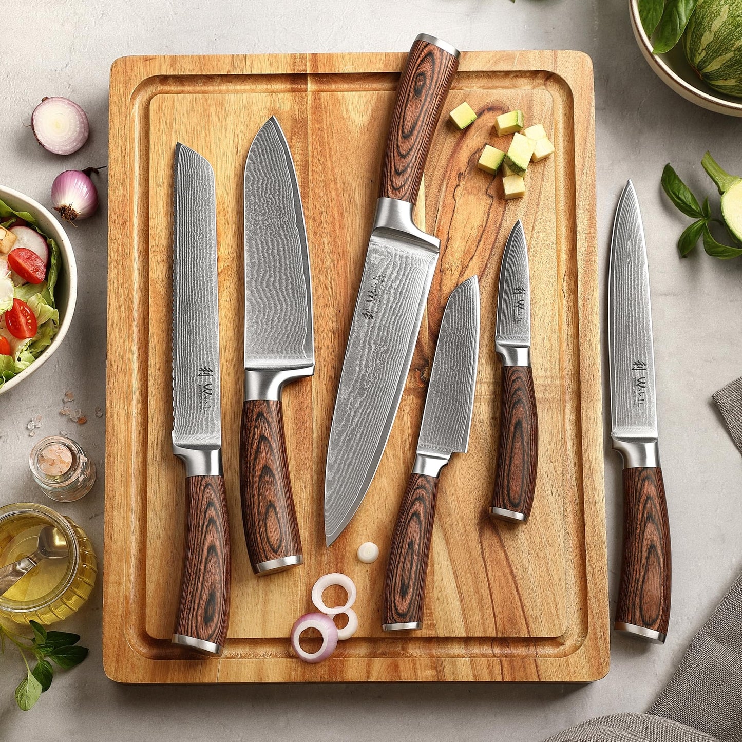 Wakoli EDIB 6-Piece Damascus Knife Block Set – Professional Kitchen Knives with Magnetic Acacia Block – Kitchen Knife Set made of 67-Layer Damascus Steel Blades & Ergonomic Pakkawood Handles