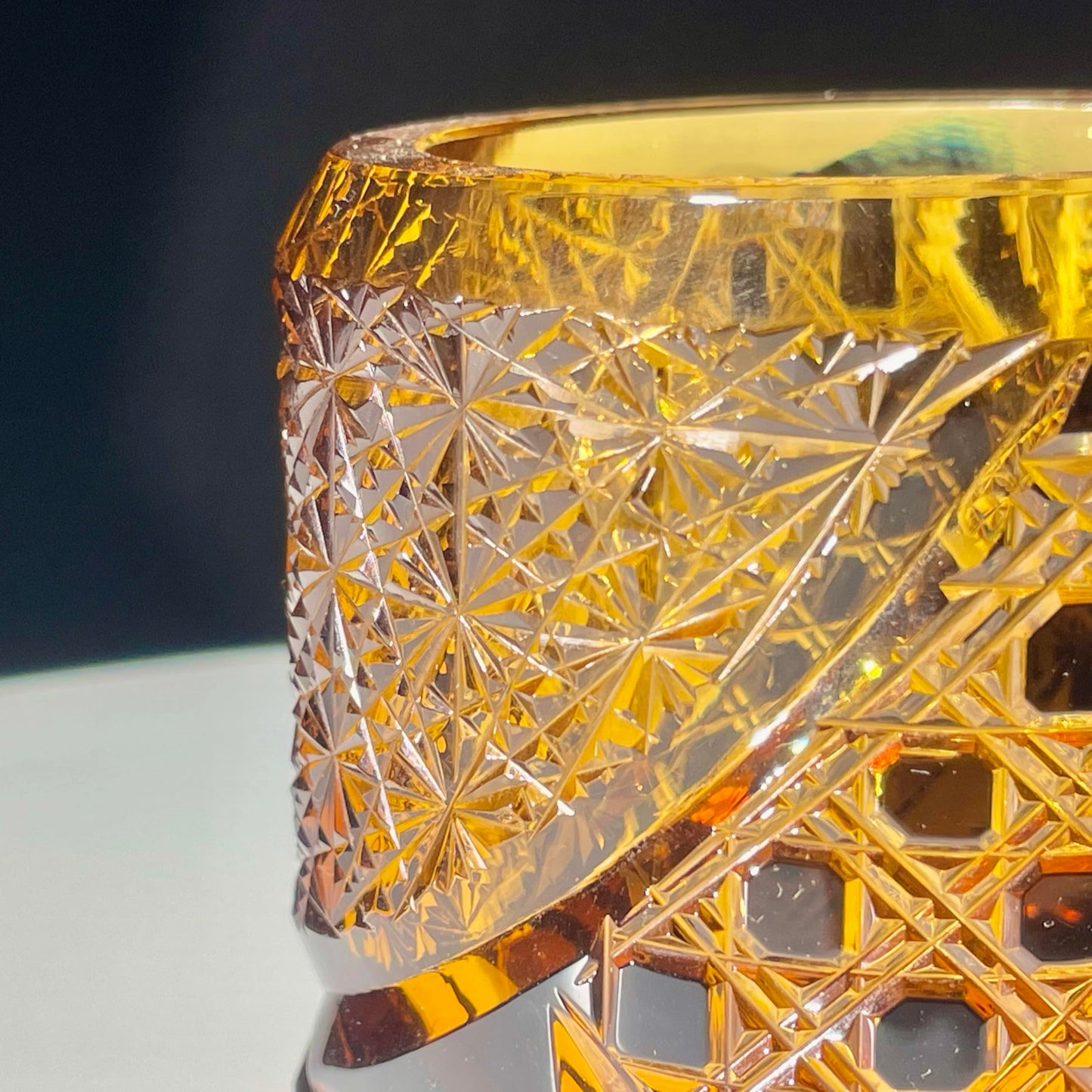 KazeoKoi Kazeako Crystal Whiskey Glasses, Amber Japanese Edo Kiriko Hand Cut Crystal, Vintage Textured Design, Bourbon Cocktail Tumbler, 2 Pack with Gift Box and Coasters (amber)