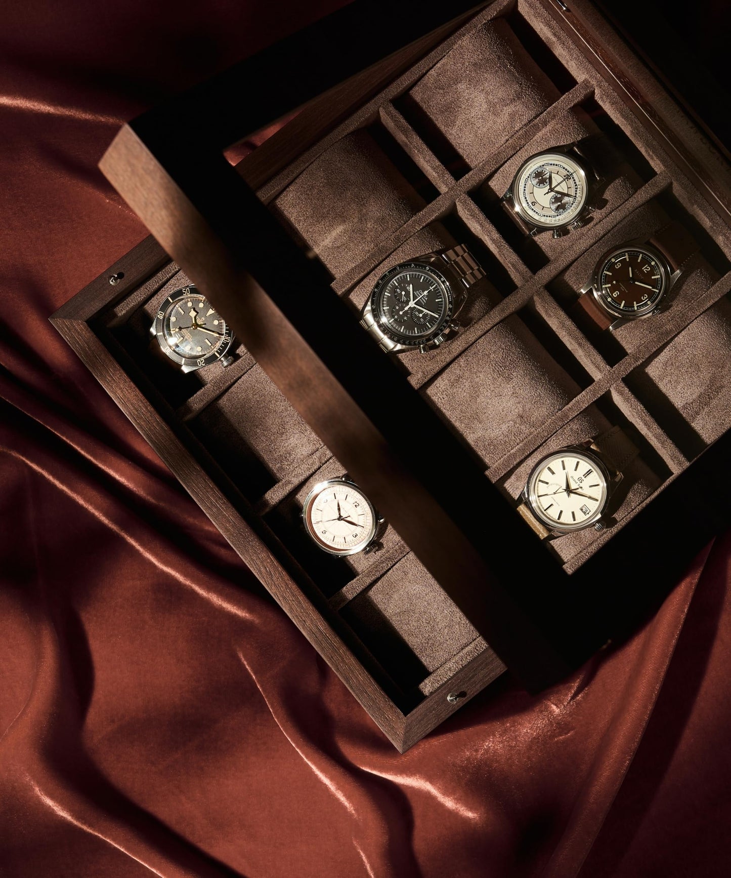 TAWBURY Wooden Watch Case - 12 Slot Wood Watch Box for Men & Women with Glass Display, Protective Fully Lined Interior and 2-inch Wide Pillows for Small & Large Watches (Dark Walnut)