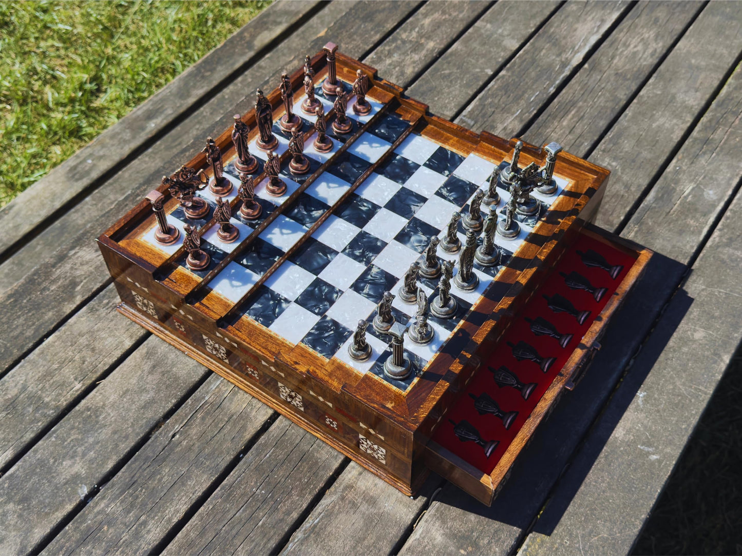 Luxury Handmade Wooden Chess Set with Storage Drawers – Large Walnut & Rosewood Chess Board with Weighted Metal British Pieces – Chess Set for Adults, Men & Dad