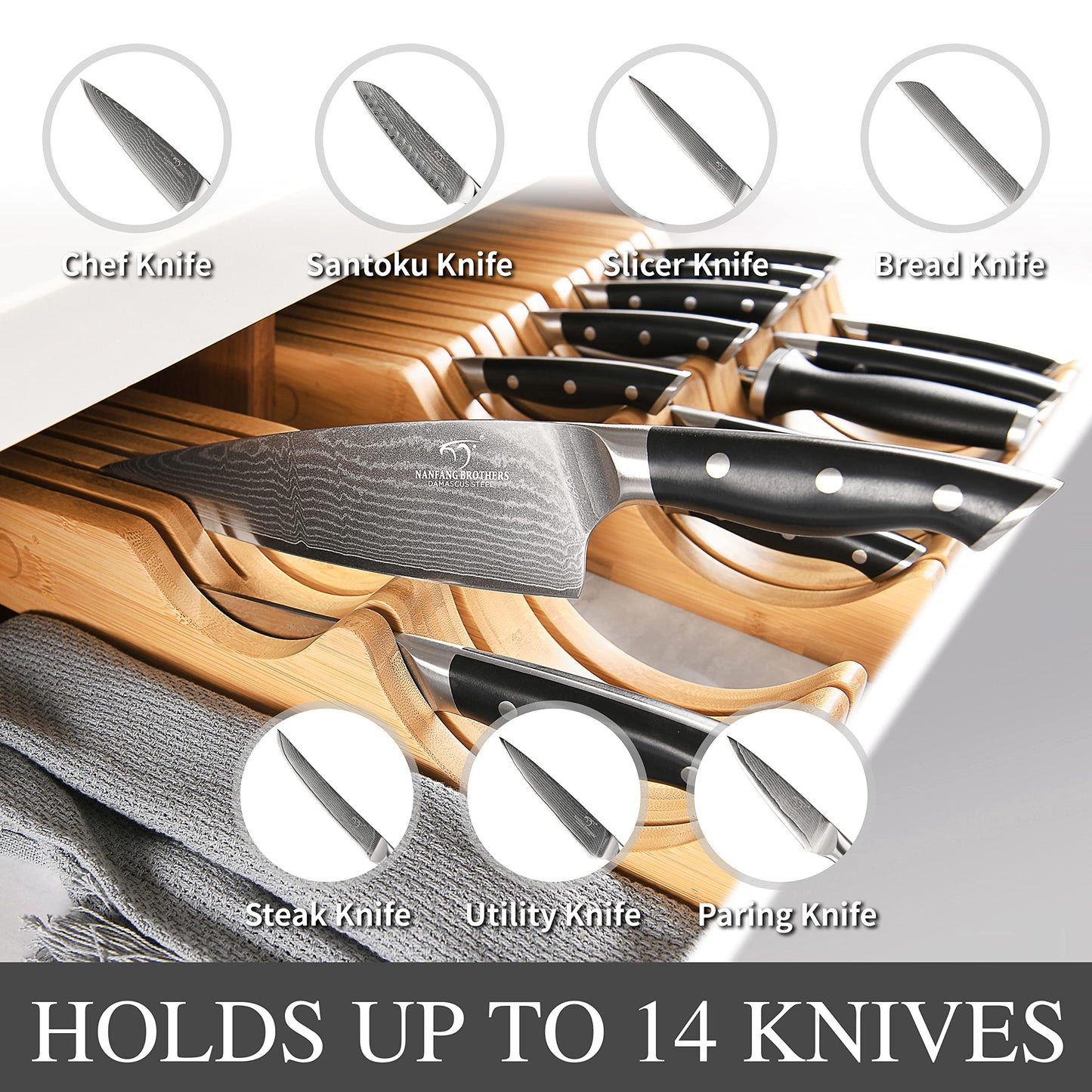 In-Drawer Knife Block with 12 Pieces Japanese Damascus Knives and Sharpener, Bamboo Knife Drawer Organizer with 67-Layer Damascus Steel, Slots for 13 Knives Kitchen Drawer, Counter Top