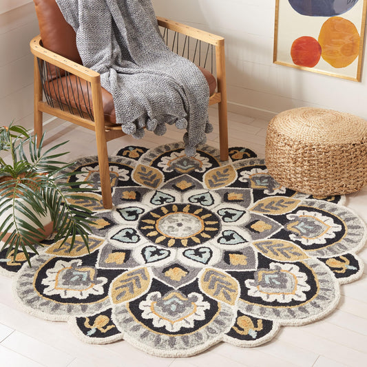 SAFAVIEH Novelty Collection Area Rug - 8' Round, Ivory & Black, Handmade Boho Floral Rustic Country Wool, Ideal for The Living Room, Dining Room, Bedroom (NOV604Z-8R)