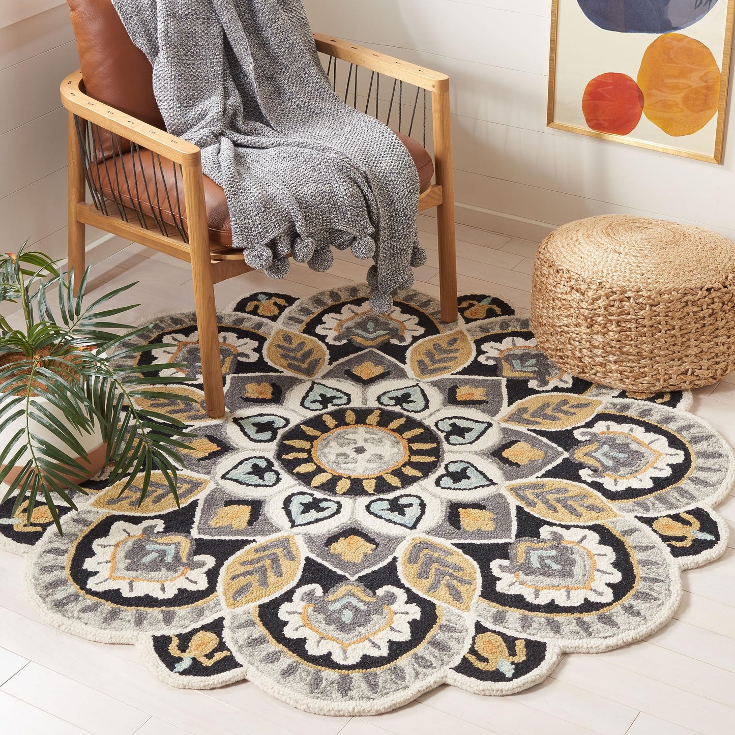 SAFAVIEH Novelty Collection Area Rug - 12' Round, Ivory/Black, Geometric Design, Ideal for High Traffic Areas in Living Room, Bedroom, Dining (NOV604Z)