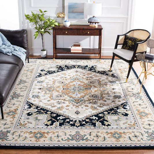 SAFAVIEH Area Rug 10x14 - Heritage Collection - Large - Beige & Navy, Handmade Wool, Traditional Oriental Medallion Design, Ideal for Living Room, Bedroom, Dining Space (HG625D)